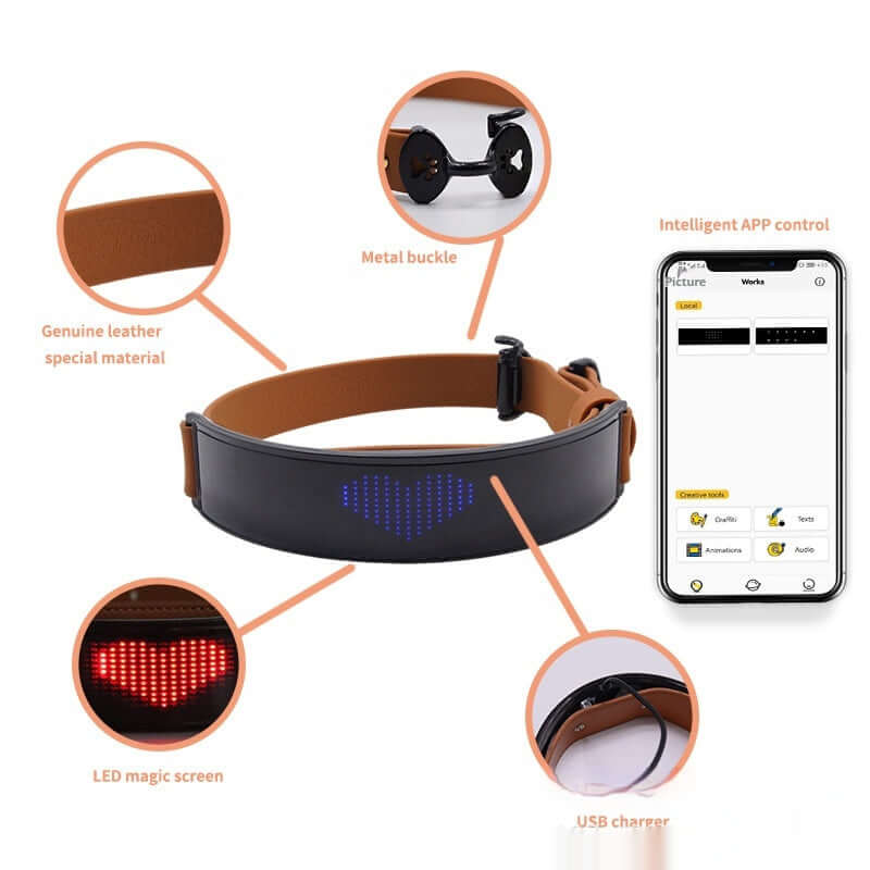 LED Halsband Display mit Leder, Metallverschluss und LED-Magie Bildschirm für Hunde.