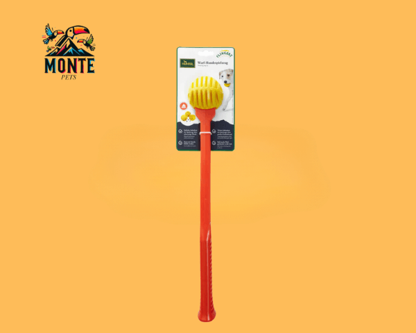 Ballwurfmaschine – Hundespielzeug Hunter Gelb Orange von MONTE PETS auf orangefarbigem Hintergrund