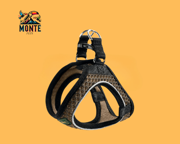 Hundegeschirr Hunter Hilo-Comfort Braun XXS von MONTE PETS auf orangefarbenem Hintergrund.