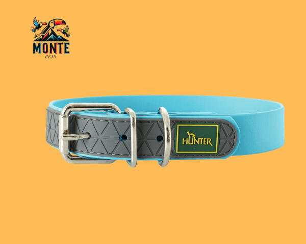 Hundehalsband Hunter Convenience Türkis 42-50 cm von MONTE PETS auf orangefarbenem Hintergrund.
