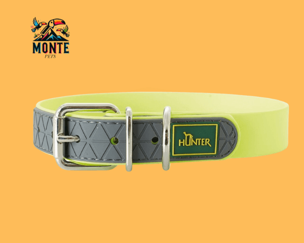 Hundehalsband Hunter Convenience Gelb 28-36 cm von MONTE PETS auf orangefarbenem Hintergrund