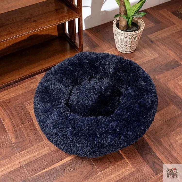 Rundes Kuschelbett für Hunde und Katzen - Fluffy Comfort in Dunkelblau, weich und gemütlich, idealer Rückzugsort.