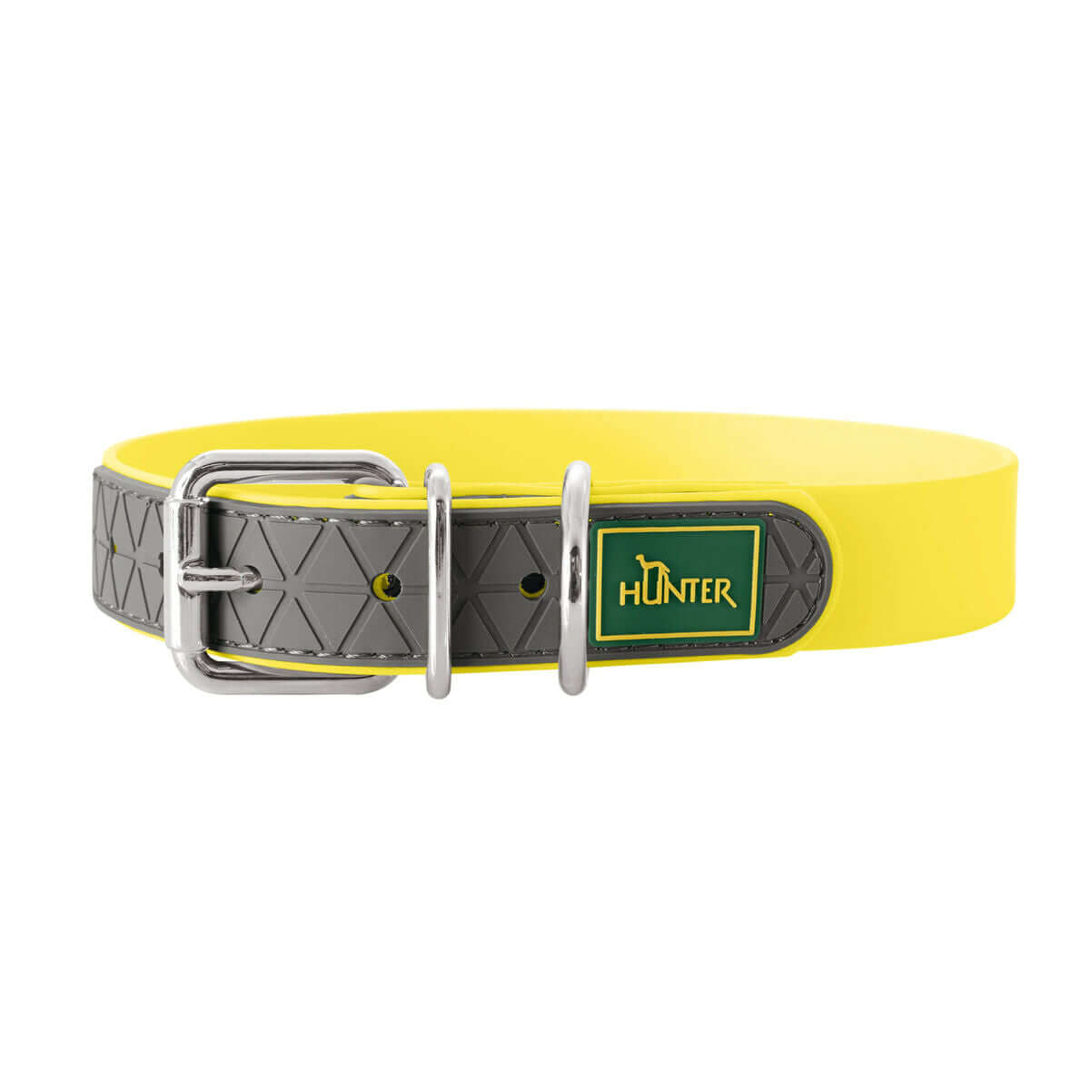 Hundehalsband Hunter Convenience Gelb 53–61 cm mit grauem Verstärkungsgurt und silberner Schnalle.