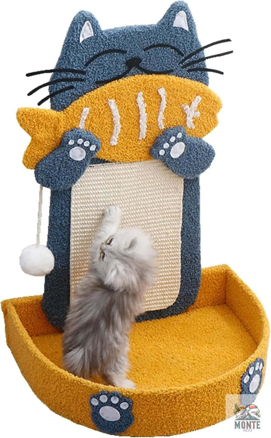 Katzenkratzbrett mit Bett Fischkatze Komfort Blau-Gelb | MONTE PETS