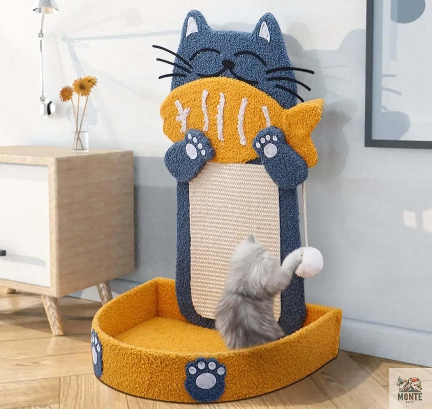 Katzenkratzbrett mit Bett Fischkatze Komfort Blau-Gelb | MONTE PETS
