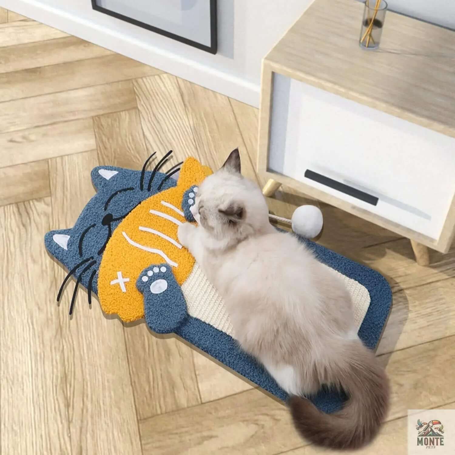 Katzenkratzbrett mit Bett Fischkatze Komfort Blau-Gelb | MONTE PETS