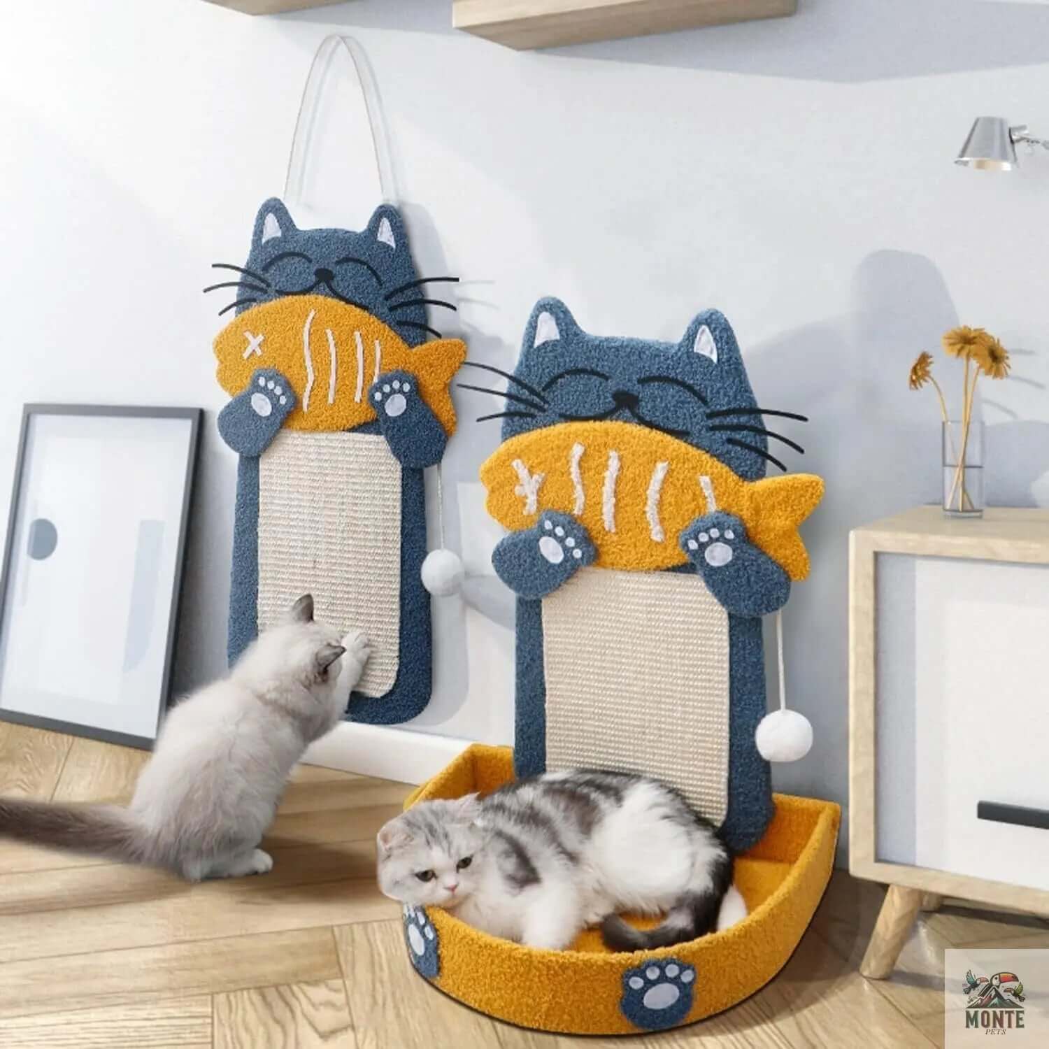 Katzenkratzbrett mit Bett Fischkatze Komfort Blau-Gelb | MONTE PETS