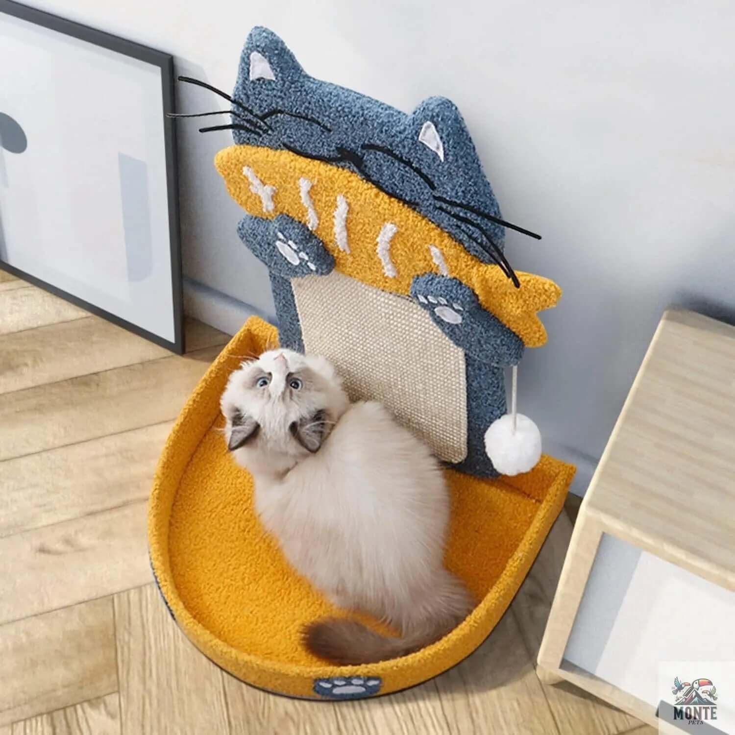 Katzenkratzbrett mit Bett Fischkatze Komfort Blau-Gelb | MONTE PETS