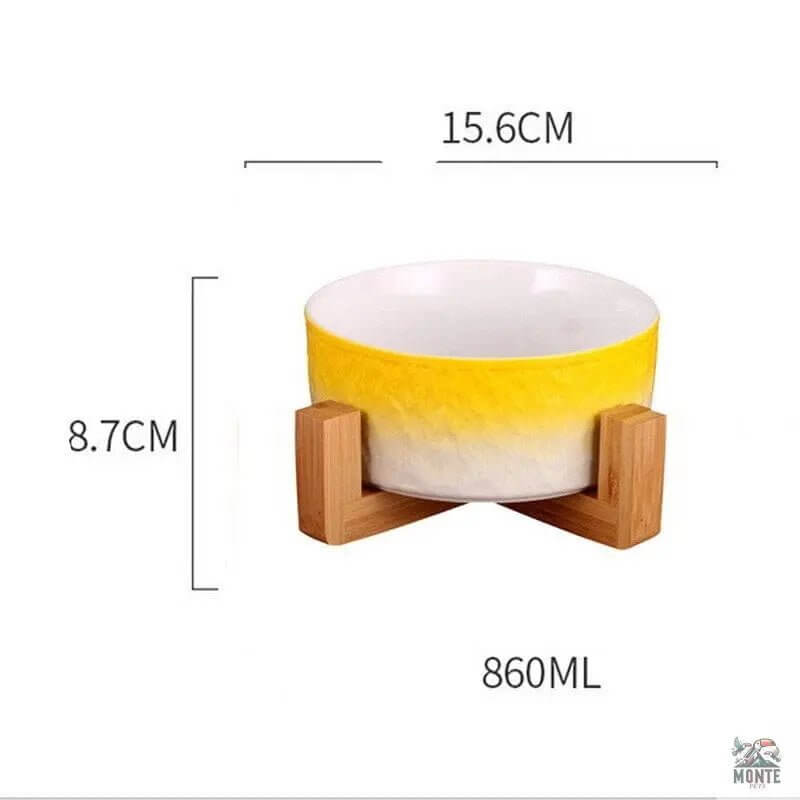 Natura Deluxe Keramik Futternapf mit Holzständer in gelber Farbe, 860ML, 15.6CM Durchmesser, 8.7CM Höhe.