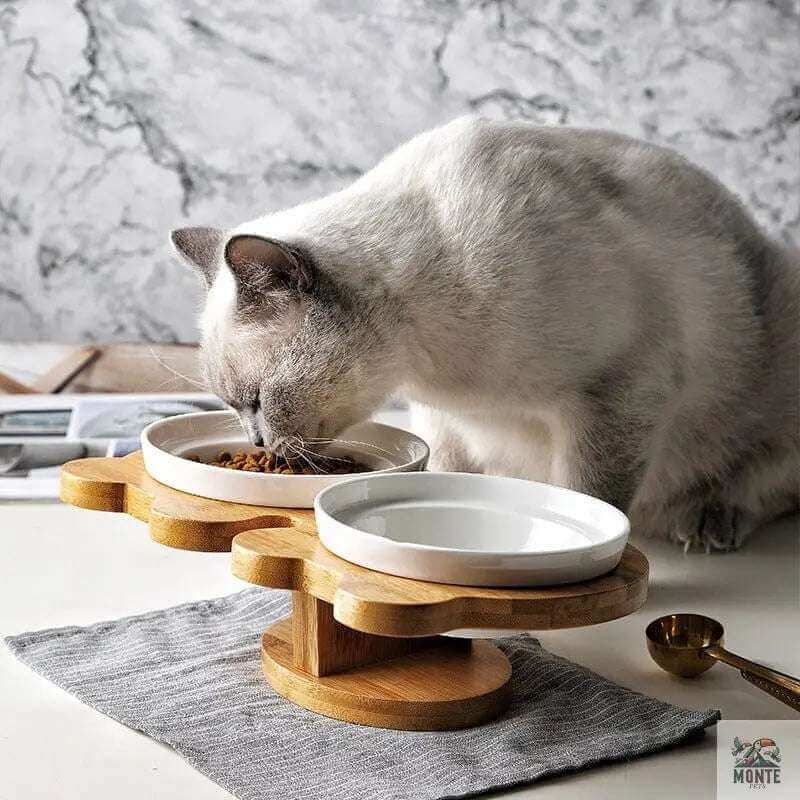 Miau Deluxe – Keramik Katzennapf mit Bambusständer | MONTE PETS