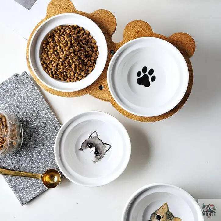 Miau Deluxe – Keramik Katzennapf mit Bambusständer | MONTE PETS