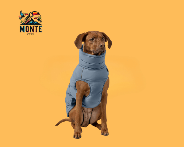 Hund trägt die Hunter PAXSON Haustierkleidung Blau von MONTE PETS auf orangefarbenem Hintergrund.