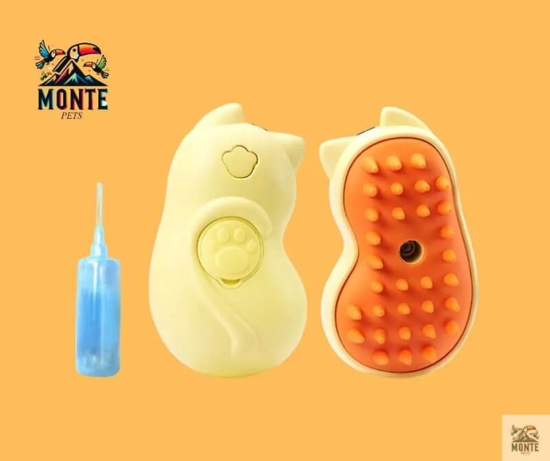 Spray-Massagebürste RelaxClean Futternapf Gelb von MONTE PETS, ideal für die Fellpflege von Hunden und Katzen.