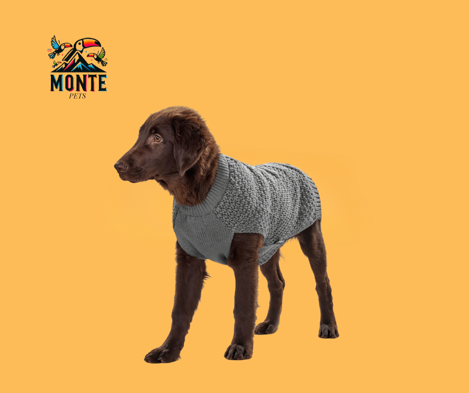 Hunter Malmö Hundepullover Grau 25 cm auf braunem Hund vor gelbem Hintergrund von MONTE PETS.