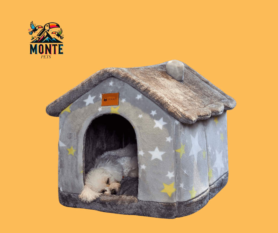 Hundehütte faltbar Winter mit weichem Material für Haustiere begleitet von einem ruhenden Hund.