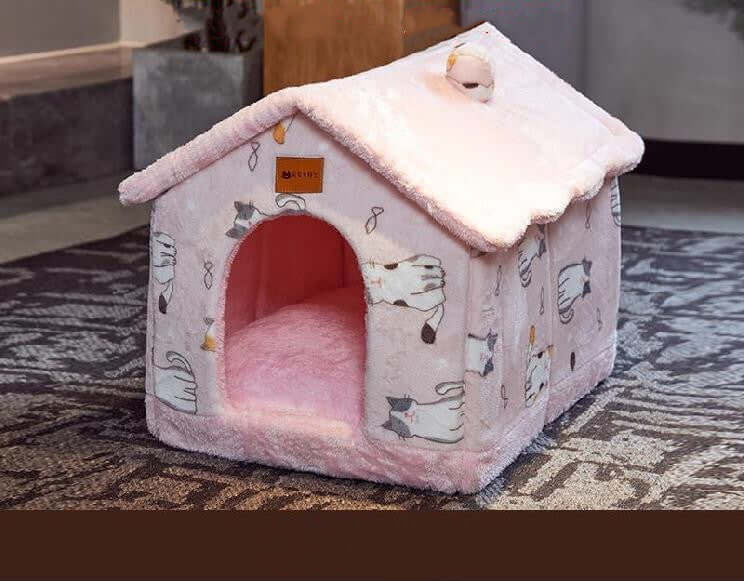 Hundehütte faltbar Winter, gemütliche, rosa Haustierunterkunft mit Katzendesign für kalte Tage.