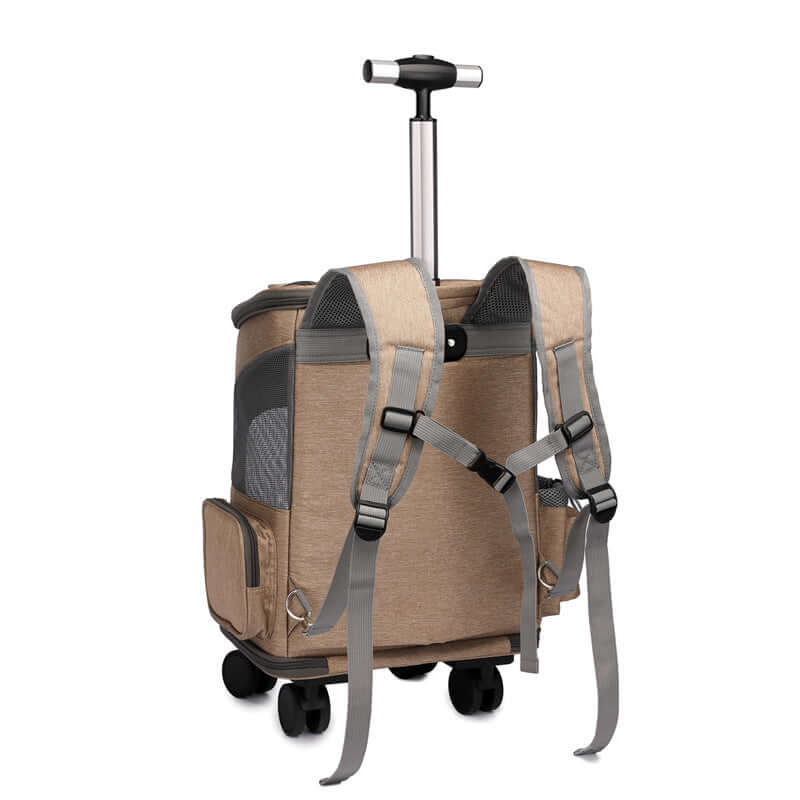 Praktischer Trolley Rucksack mit Rollern und Tragegurten für Haustiere.