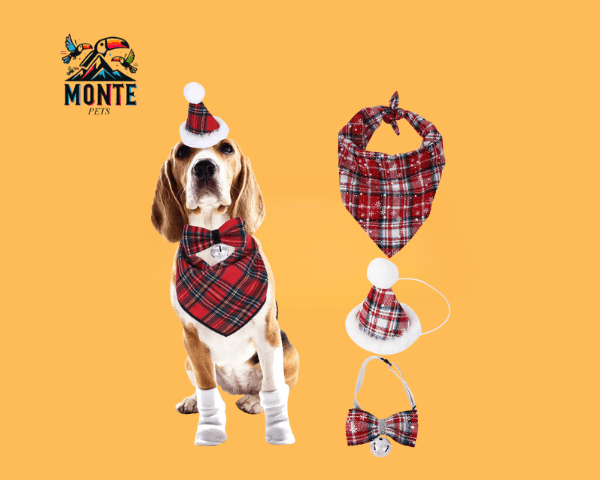 Festliches Weihnachts-Set für Hunde mit Dreieckstuch, Schleifenfliege und Mütze im roten Karomuster von MONTE PETS
