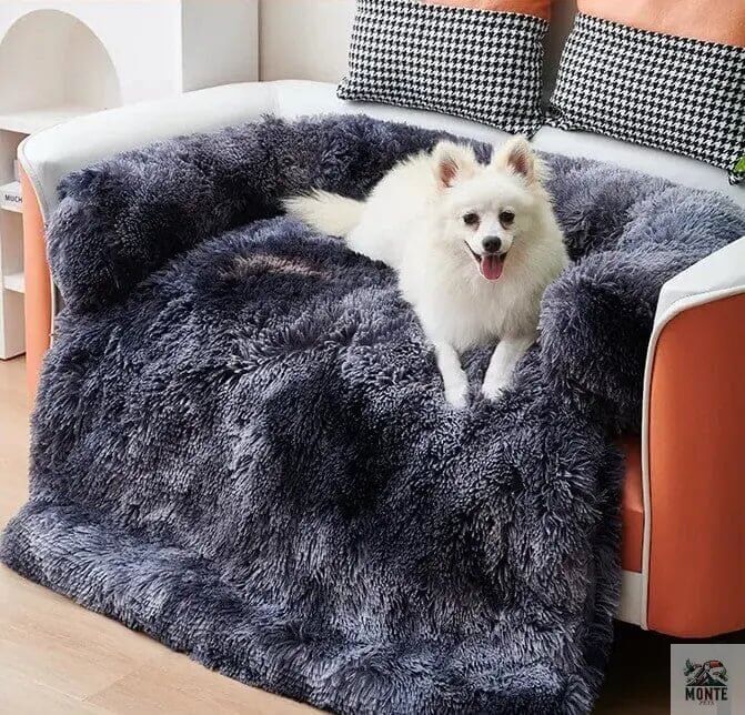 Hund Couch Wohlfühl Oase Grau mit Hund auf kuscheligem, rutschfestem Bezug von MONTE PETS.